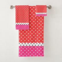 Red Pink White Polka Dots   Bath Towel Set