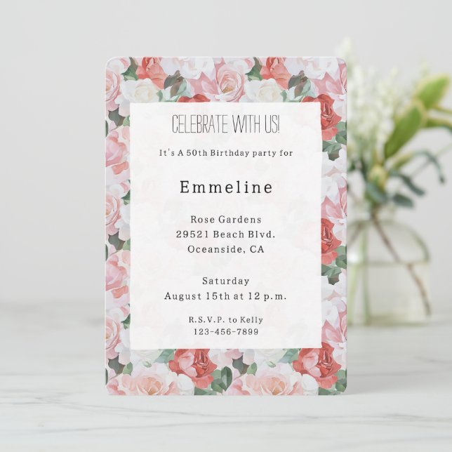 Red Pink White Roses Floral Birthday Invitation (Standing Front)