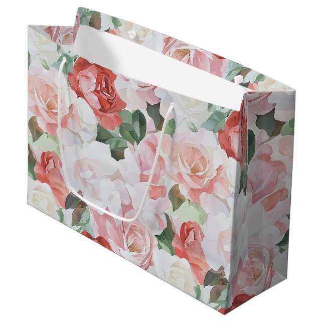 Red Pink White Roses Floral Bridal Shower Large Gift Bag (Front Angled)