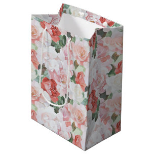 Red Pink White Roses Floral Bridal Shower Medium Gift Bag
