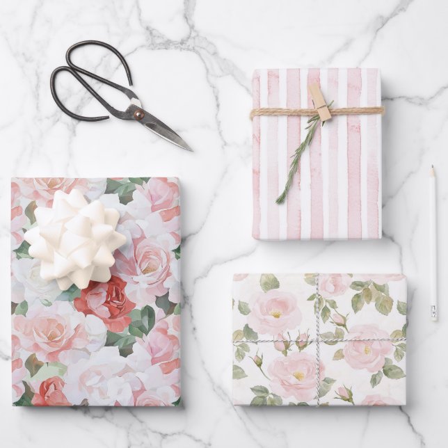 Red Pink White Roses Floral Bridal Shower Wrapping Paper Sheet (Front)