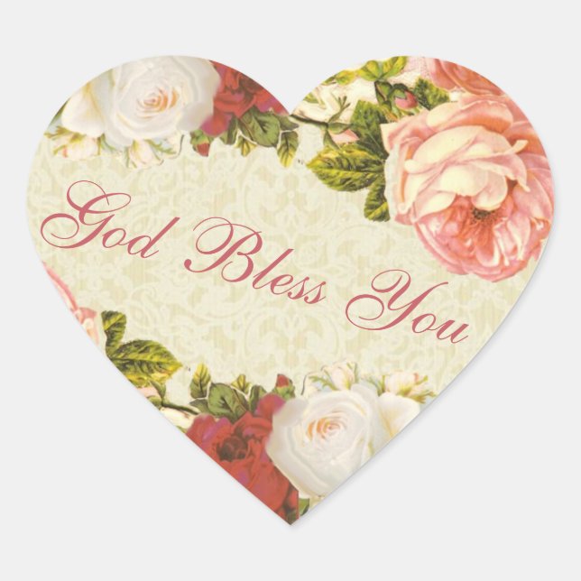 Red Pink White Roses  Spring Flowers Ecru Lace Heart Sticker (Front)