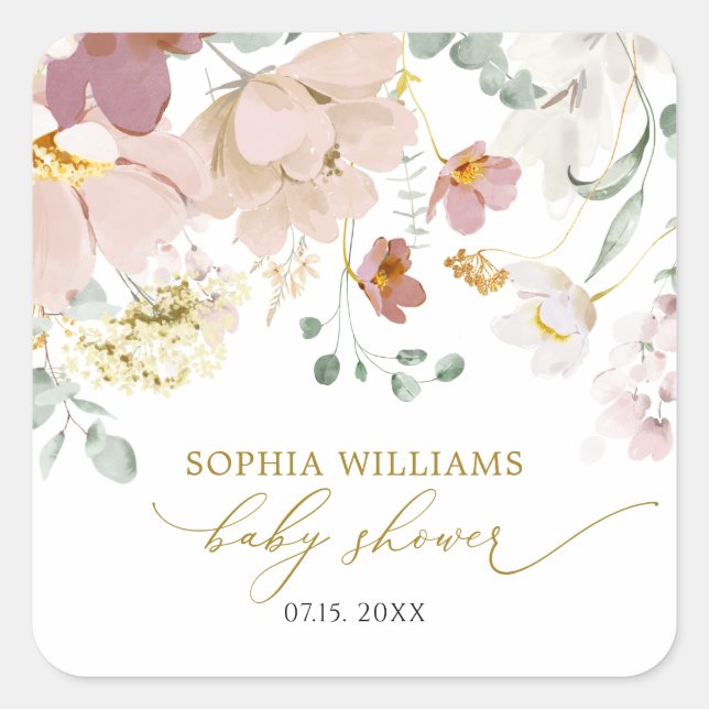 Red & Pink Wildflowers Baby Shower Square Sticker (Front)