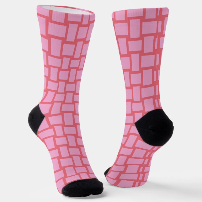 Red Pink Woven Blocks Pattern Socks (Angled)