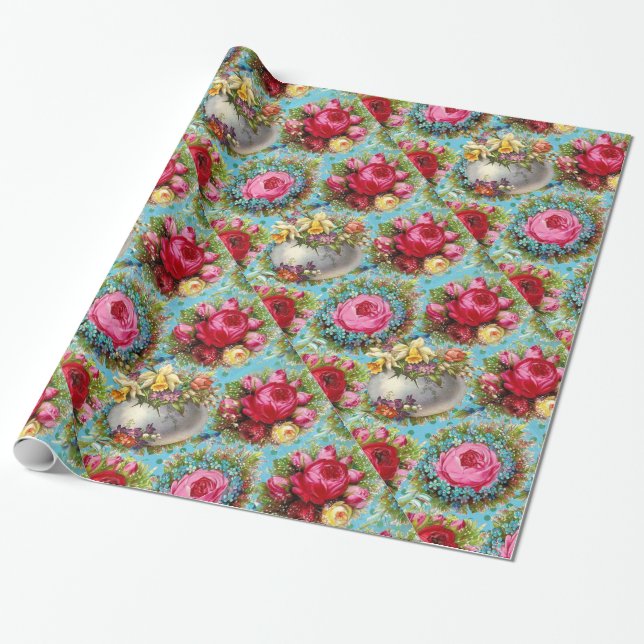 RED PINK YELLOW ROSES,EASTER EGGS IN BLUE FLORAL WRAPPING PAPER (Unrolled)