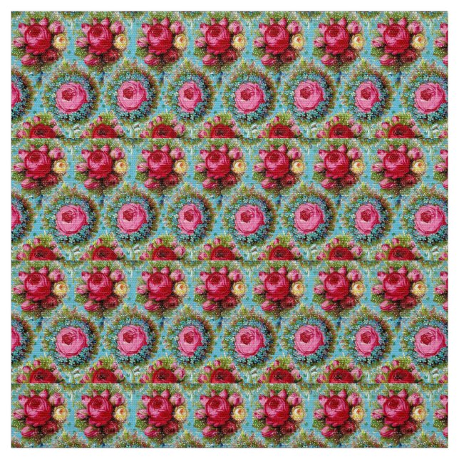 RED PINK YELLOW ROSES IN BLUE FABRIC (Swatch)