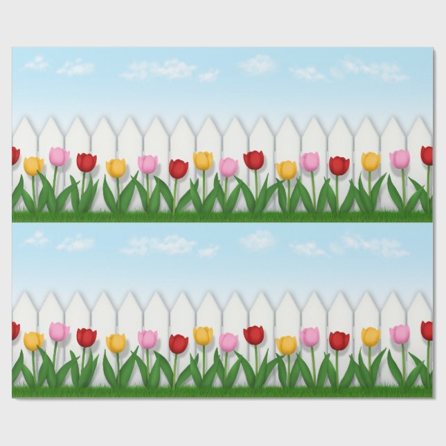 Red Pink & Yellow Tulips White Picket Fence Tiling Wrapping Paper (Flat)
