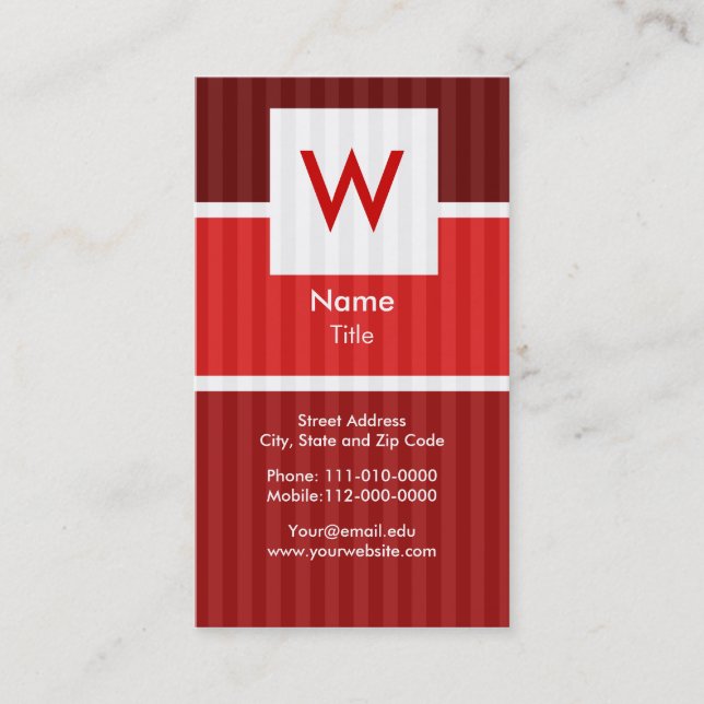 Red Pinstripe - Modern Monogram Business Card (Front)