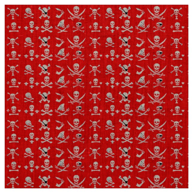 RED PIRATE BANNERS SKULL,CROSSED BONES,SWORDS FABRIC (Swatch)