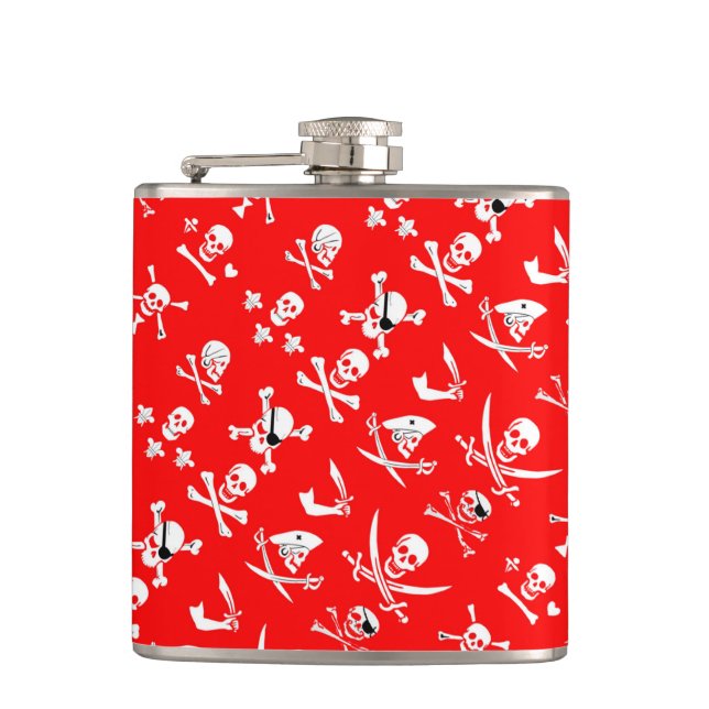 RED PIRATE BANNERS SKULL,CROSSED BONES,SWORDS HIP FLASK (Front)