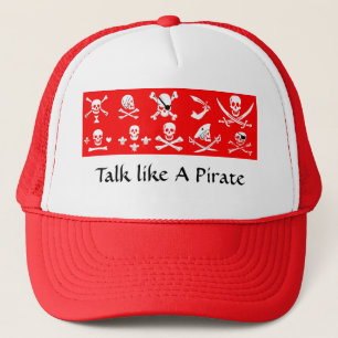 RED PIRATE BANNERS SKULL,CROSSED BONES,SWORDS TRUCKER HAT