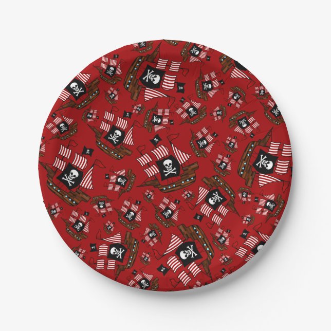 Red pirate ship pattern paper plate (Front)