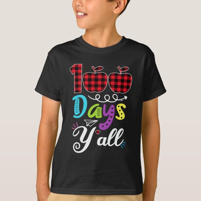 Red Plaid 100 Days Y'all Funny 100th Day Of School T-Shirt (Front)