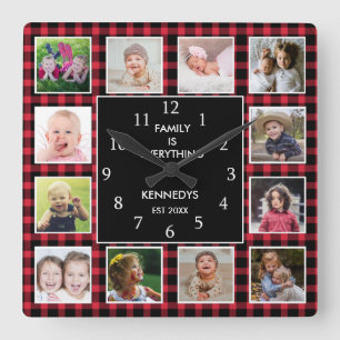 Red Plaid 12 Photo Collage Family Quote Christmas Square Wall Clock