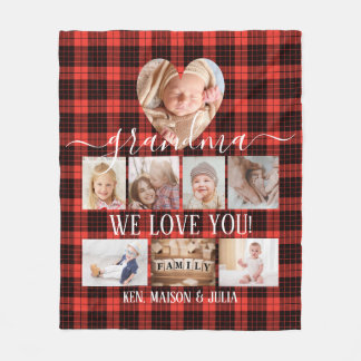 Red Plaid 8 Photo Collage Gift Personalized Fleece Blanket
