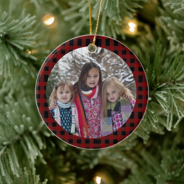 Red Plaid Add your Own photo Christmas Ceramic Ornament (Tree)