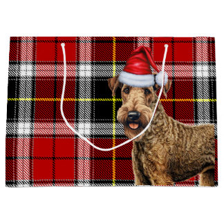 Red Plaid Airedale Terrier Dog Holiday Large Gift Bag