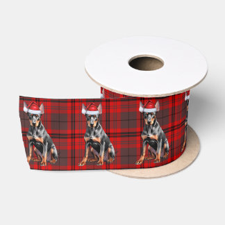 Red Plaid and Doberman Pinscher Dog Christmas Satin Ribbon