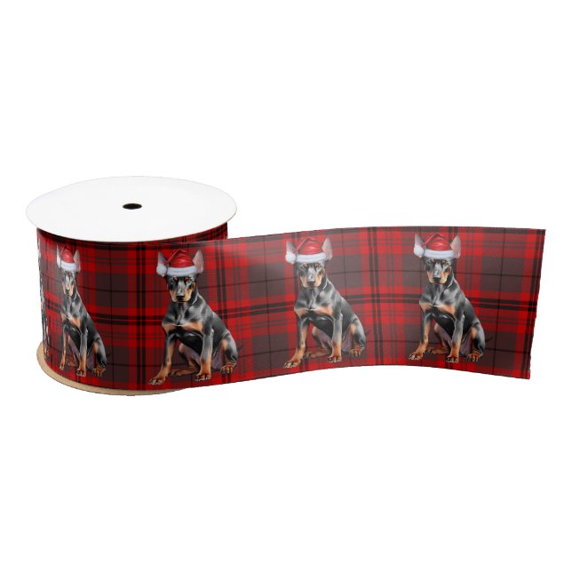 Red Plaid and Doberman Pinscher Dog Christmas Satin Ribbon (Spool)