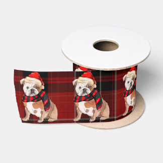 Red Plaid and English Bulldog Christmas Satin Ribbon