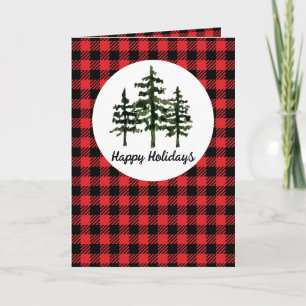 Red Plaid And Evergreen Trees Folded Greeting Card