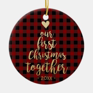 Red plaid and gold text couple photo ornament