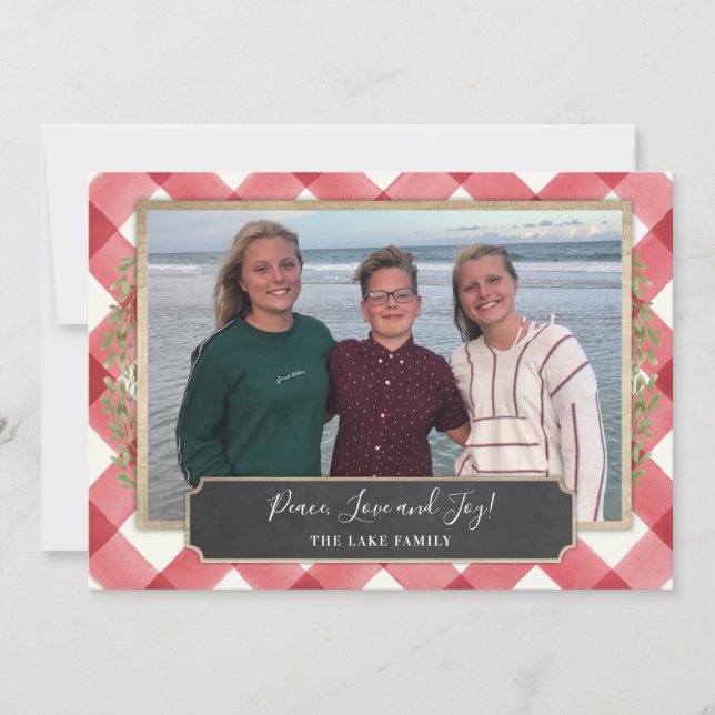 Red Plaid and rustic wood photo holiday card (Front)