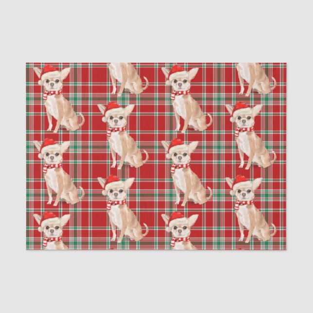 Red Plaid and Tan Chihuahua Christmas Tissue Paper (Front)