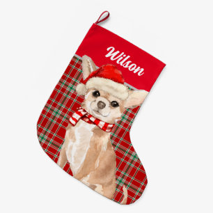 Red Plaid and Tan Chihuahua with Dog's Name Large Christmas Stocking