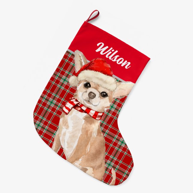 Red Plaid and Tan Chihuahua with Dog's Name Large Christmas Stocking (Front (Hanging))
