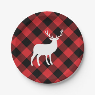 Red Plaid and White Stag   Holiday Paper Plate