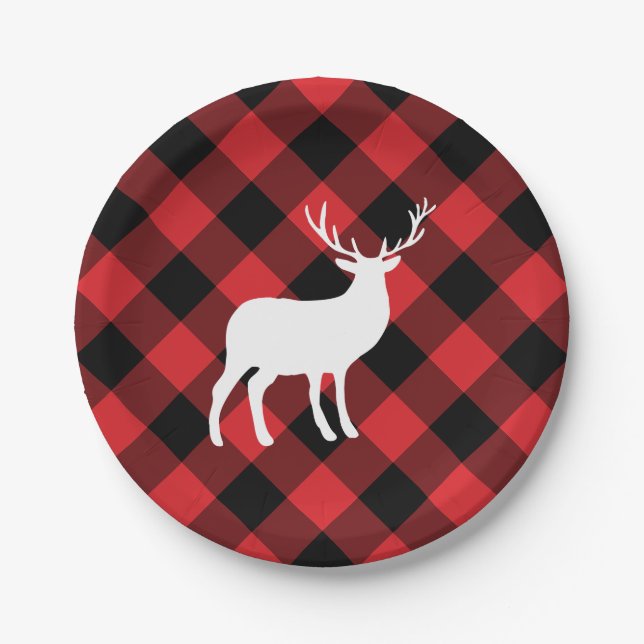 Red Plaid and White Stag | Holiday Paper Plate (Front)