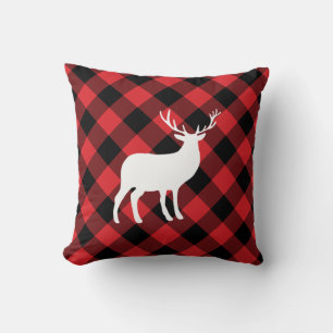 Red Plaid and White Stag Holiday Pillow