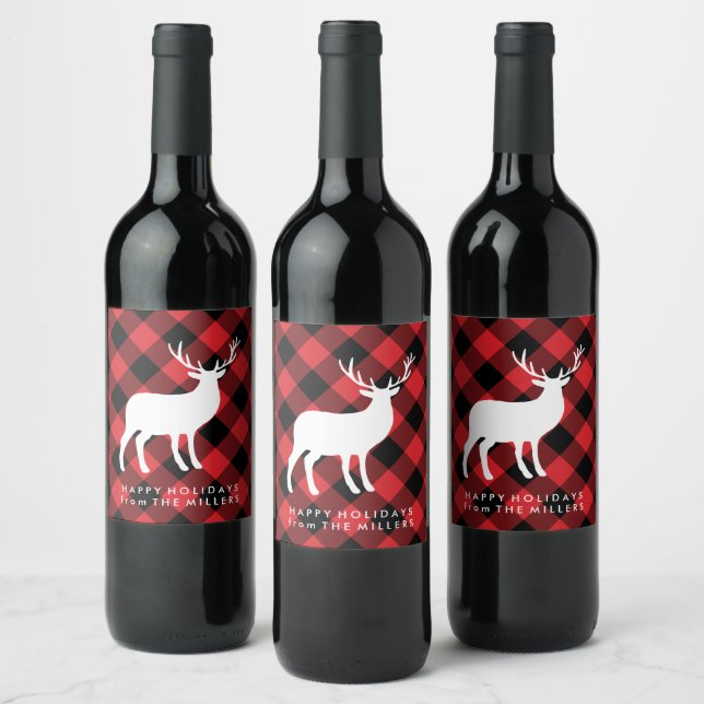 Red Plaid and White Stag | Holiday Wine Label (Bottles)