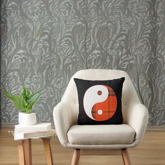 Red Plaid and White Yin Yang Throw Pillow (Creator Uploaded)
