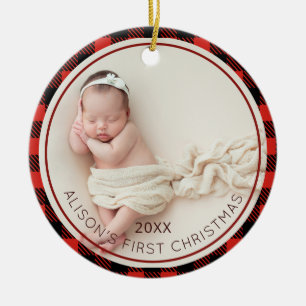Red Plaid Baby Photo Baby's 1st Christmas Ceramic Ornament
