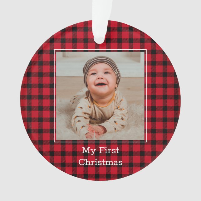 Red Plaid Baby Photo First Christmas Ornament (Front)