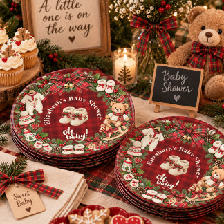 Red Plaid Baby Shower Paper Plate with Custom Name