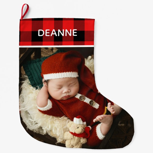 Red Plaid Baby's First Christmas 1 Photo  Large Christmas Stocking (Front)
