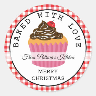 Red Plaid Baked With Love Christmas Cupcakes Classic Round Sticker