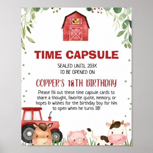 Red Plaid Barn Tractor Farm Time Capsule Sign (Front)