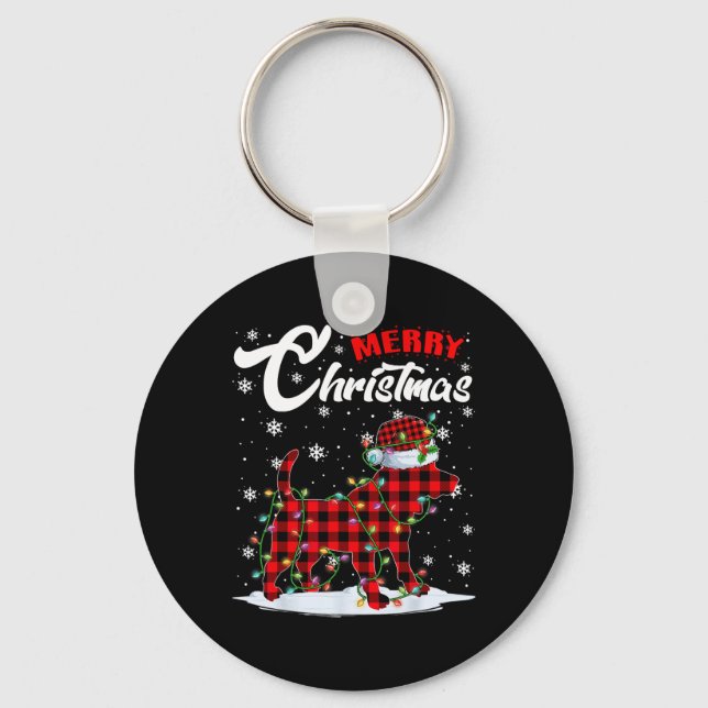 Red Plaid Beagle Dog Santa Hat Christmas Tree Ligh Keychain (Front)