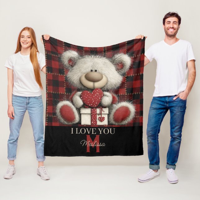 Red Plaid Bear I Love You Custom Name Monogram Fleece Blanket (In Situ)