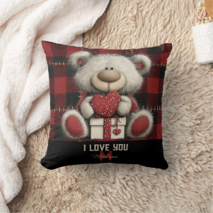 Red Plaid Bear I Love You Custom Name Monogram Throw Pillow