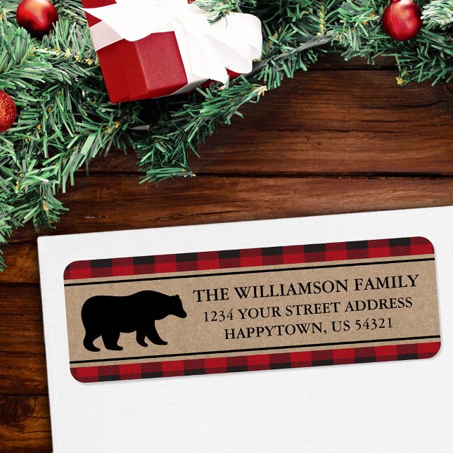 Red Plaid Bear Kraft Holiday Return Address Labels (Customize to change text size or text style.)