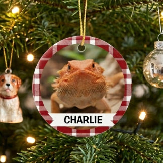 Red Plaid Bearded Dragon Custom Name Pet Photo Ceramic Ornament