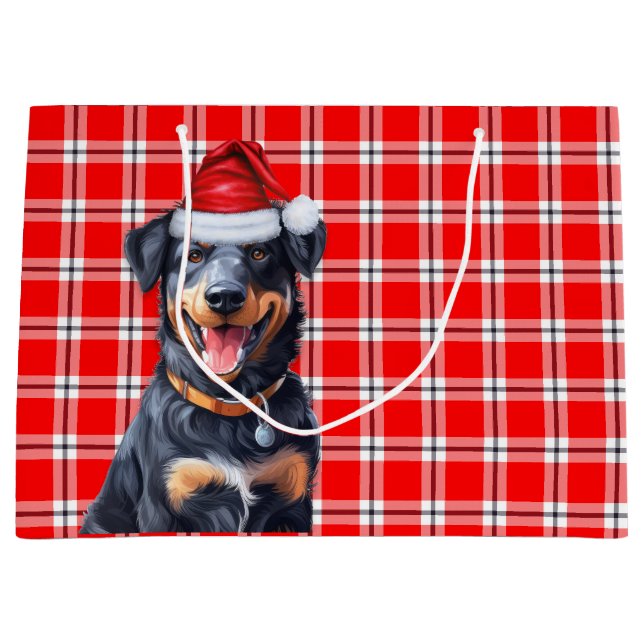 Red Plaid Beauceron Dog Lover Holiday Large Gift Bag (Front)
