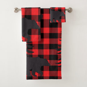 Red Plaid Black Bear Silhouette Bath Towel Set