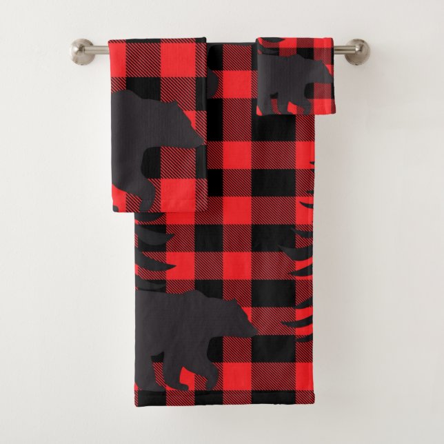 Red Plaid Black Bear Silhouette Bath Towel Set (Insitu)