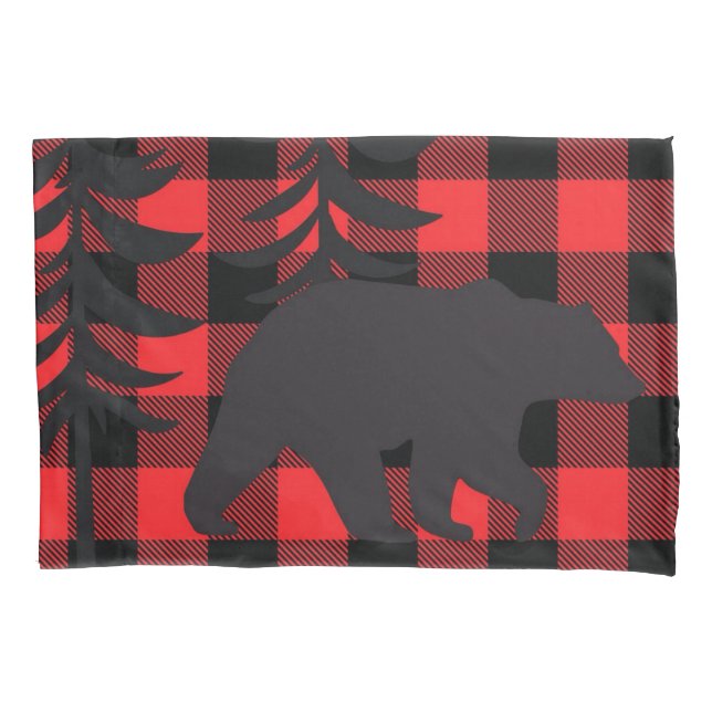 Red Plaid Black Bear Silhouette Pillowcase (Front)
